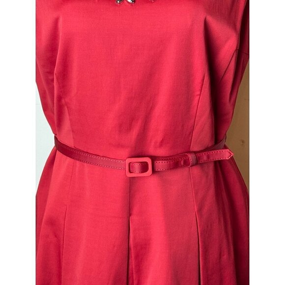 Talbots Red Satin Jeweled Neckline Belted Box Pleated Fit And Flare Dress 6 NWT - Picture 7 of 12
